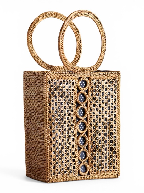 Anthropologie Handbags - Anthropologie Bali Woven Rattan Tote Bag Navy Polka Dot Lining NWOT Straw